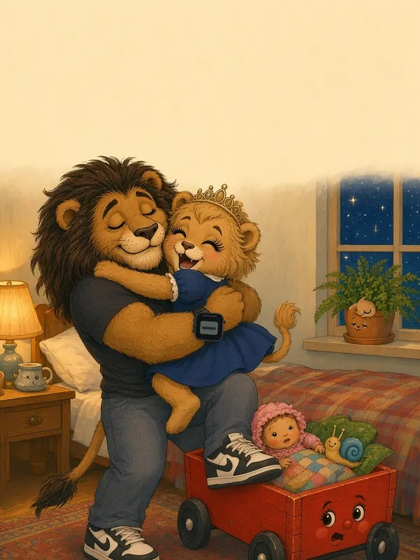 Illustration: Baba the lion hugs little Ruby the lion at bedtime, Rolly the red wagon beside them